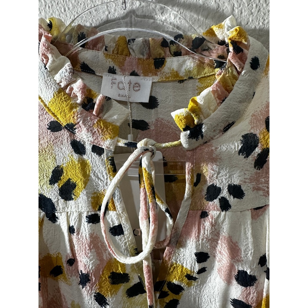 Fate Blouse Womens Small Yellow Pink Abstract Floral Puff Sleeve Ruffle Neck Top - Picture 3 of 5
